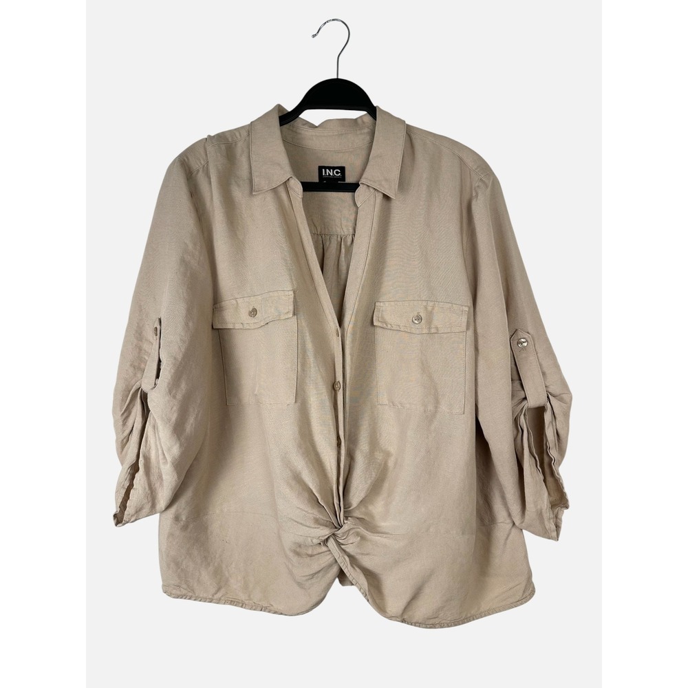 INC International Concepts Tan Linen Blend Faux Wrap Twist Front Blouse XXL
